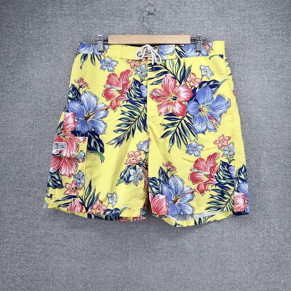 Polo Ralph Lauren Swim Trunks Men Size Large Yellow Hawaiian Floral